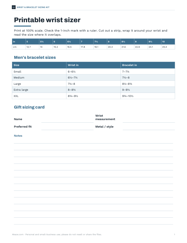 Preview of Printable Men’s Bracelet Size Chart